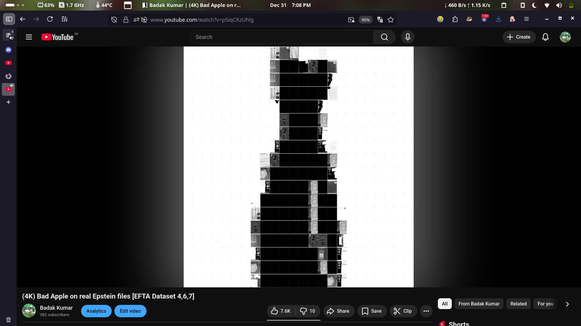 Screenshot showing my video of playing Bad Apple with Epstein files